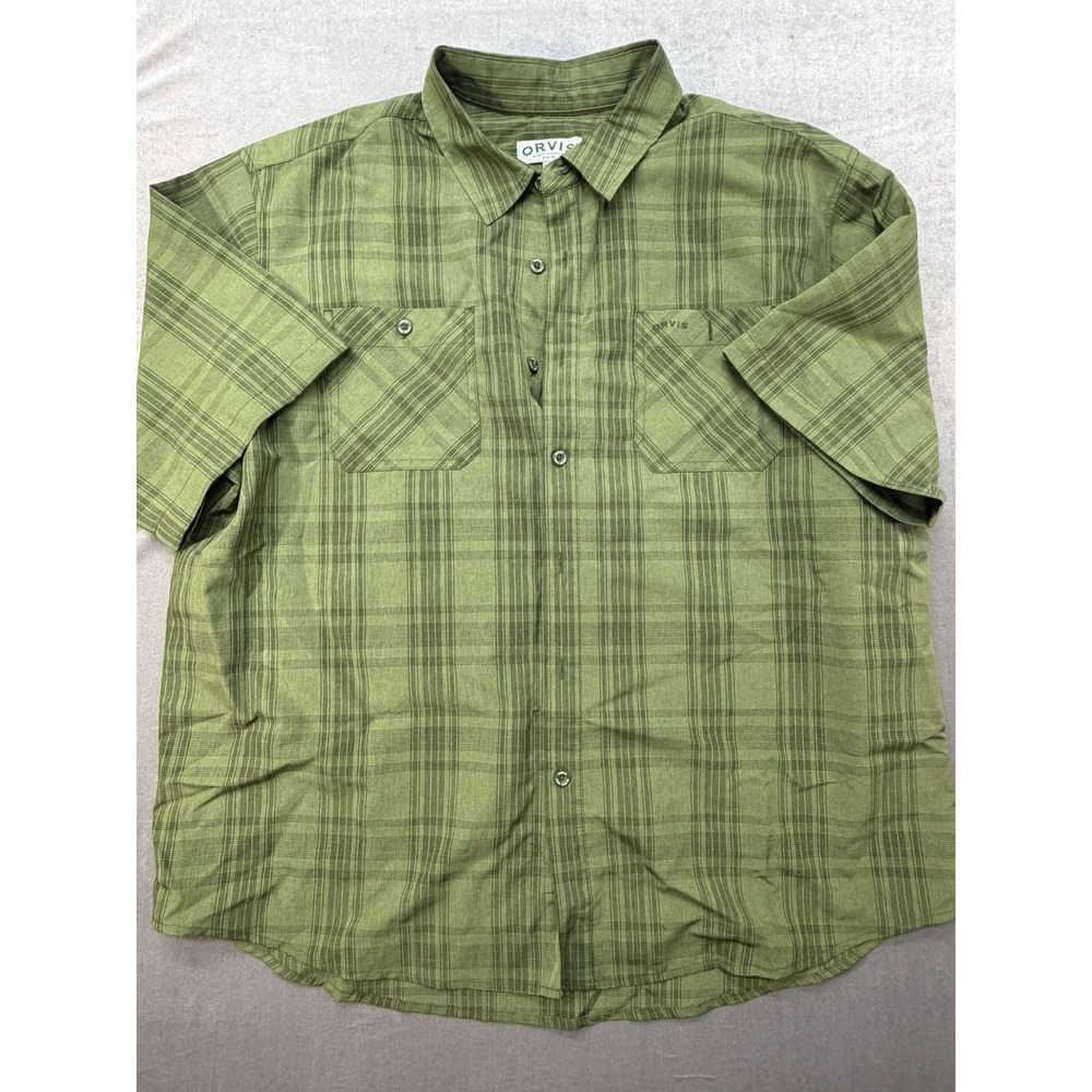 Orvis Short Sleeve Button Up Flannel Shirt Size XXL Green 100% Polyester
